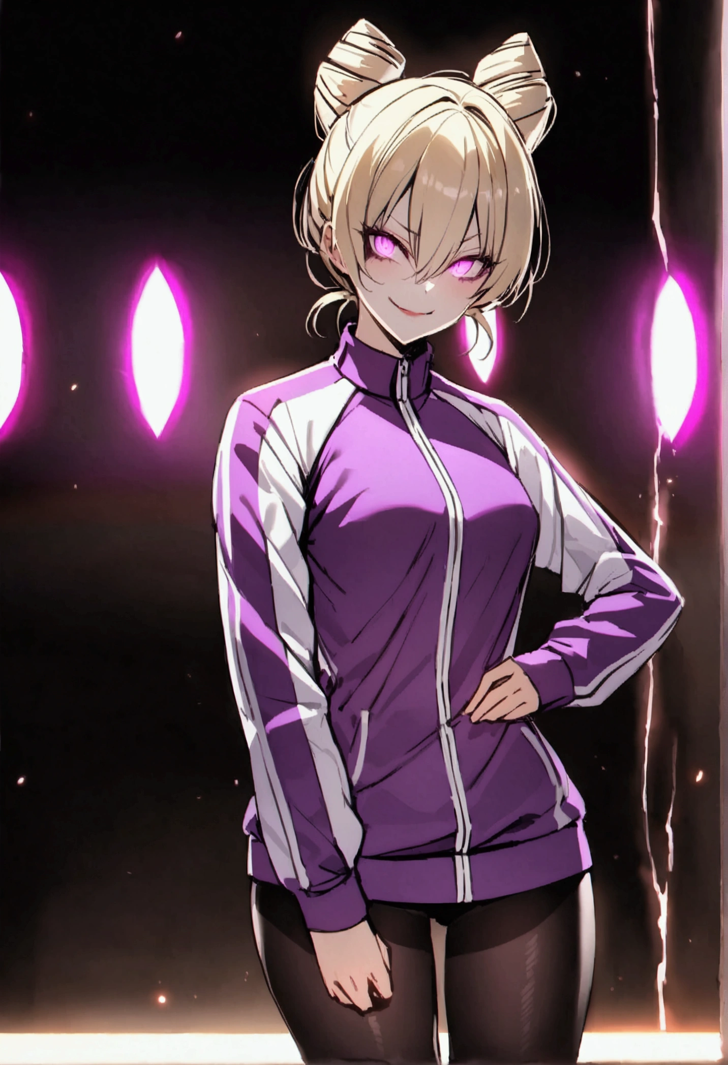 dark eye shadow,shining eyes,beautiful young fitness woman with , in a gym wearing May with black pantyhose, tight white and purple gym jacket. standing alone,hair horns,glowing purple eyes,Evil smile,legging preto ,labiaa,dark eye shadow,shining eyes
