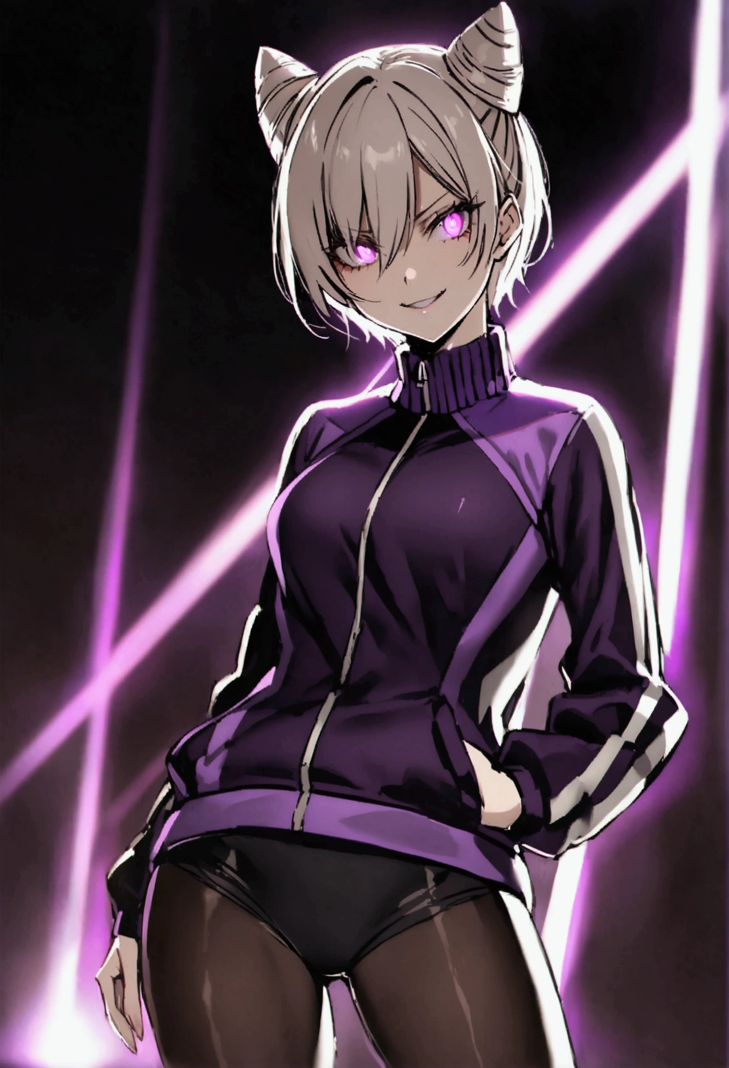 dark eye shadow,shining eyes,beautiful young fitness woman with , in a gym wearing May with black pantyhose, tight white and purple gym jacket. standing alone,hair horns,glowing purple eyes,Evil smile,legging preto ,labiaa,dark eye shadow,shining eyes
