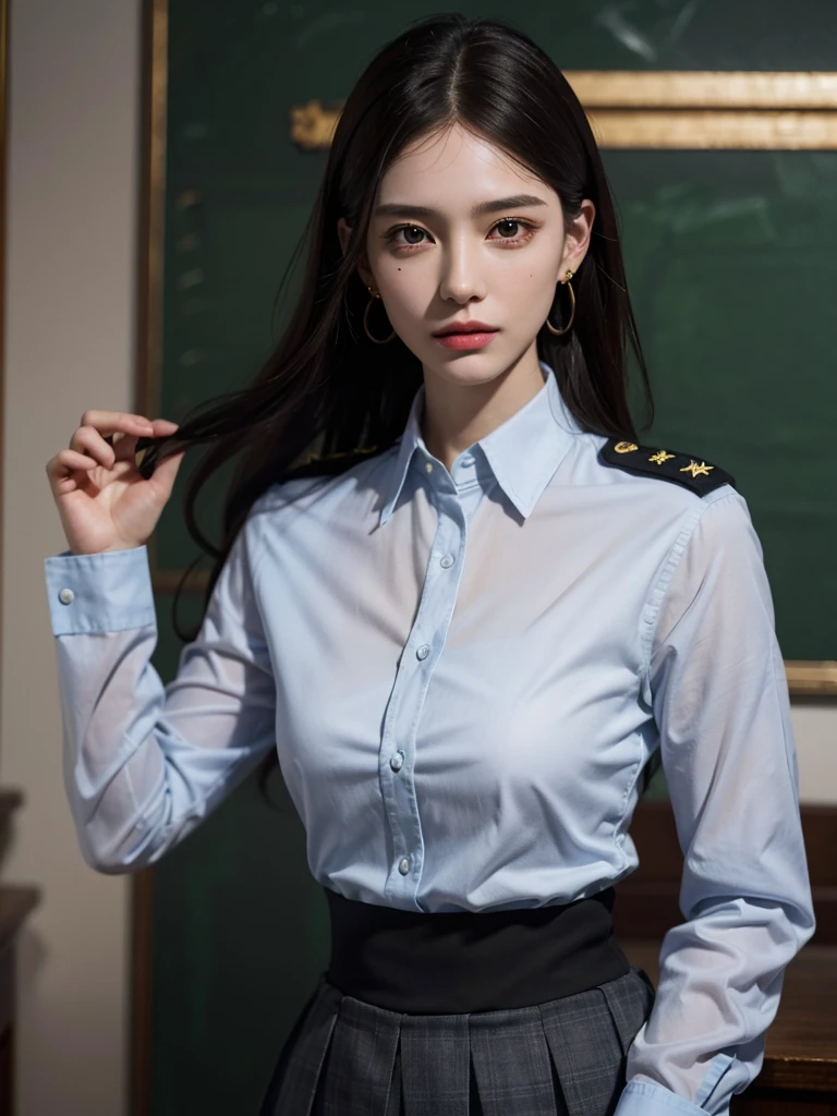 absurdres, RAW photo, extremely delicate and beautiful, masterpiece, Best Quality, ultra high resolution, 32k, hyperrealistic, ultra-detailed, perfect anatomy, anatomically correct, perfect figure, Perfect Style, Perfect balance, super Detailed skin, in her 30s, very Slim body, narrow waist, very small head, very small face, delicate facial features, handsome detailed woman, very detailed eyes and face, realistic face proportions, Realistic beautiful face, Realistic beautiful eyes, tearful mole, earring, big tits, whole body shot, medium hair, indoor, long military jacket, broad katana, (school_uniform:1.2), skirt, dress shirt,