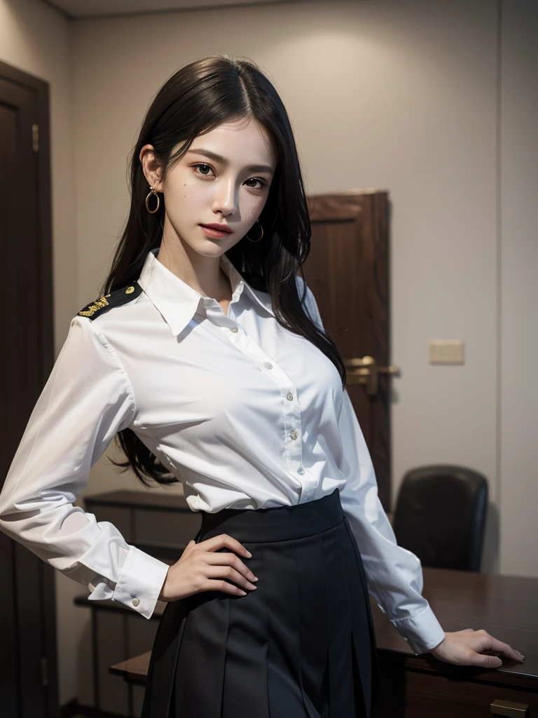 absurdres, RAW photo, extremely delicate and beautiful, masterpiece, Best Quality, ultra high resolution, 32k, hyperrealistic, ultra-detailed, perfect anatomy, anatomically correct, perfect figure, Perfect Style, Perfect balance, super Detailed skin, in her 30s, very Slim body, narrow waist, very small head, very small face, delicate facial features, handsome detailed woman, very detailed eyes and face, realistic face proportions, Realistic beautiful face, Realistic beautiful eyes, tearful mole, earring, big tits, whole body shot, medium hair, indoor, long military jacket, broad katana, (school_uniform:1.2), skirt, dress shirt,