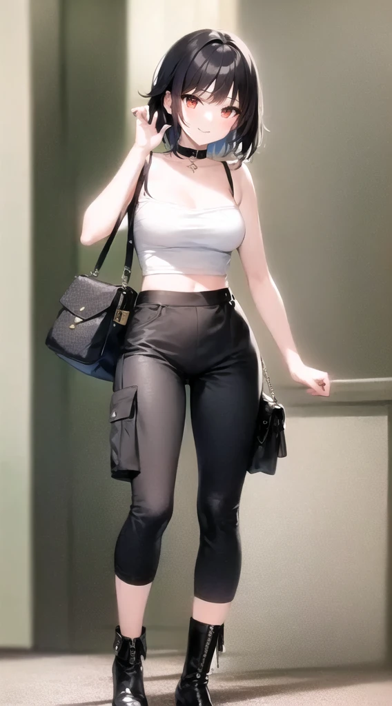 A woman in her fifties walking down the sidewalk with her wallet and handbag, Wearing Louis Vuitton Armor, Waist bag, In Paris, Wearing cargo pants, Subtle details, Wearing a camisole and boots, Childish look, Exaggerated details, Layering, Wearing crop tops, Exposed abdomen, Paris Fashion Week, highly stylized、low length、smile、Small breasts、