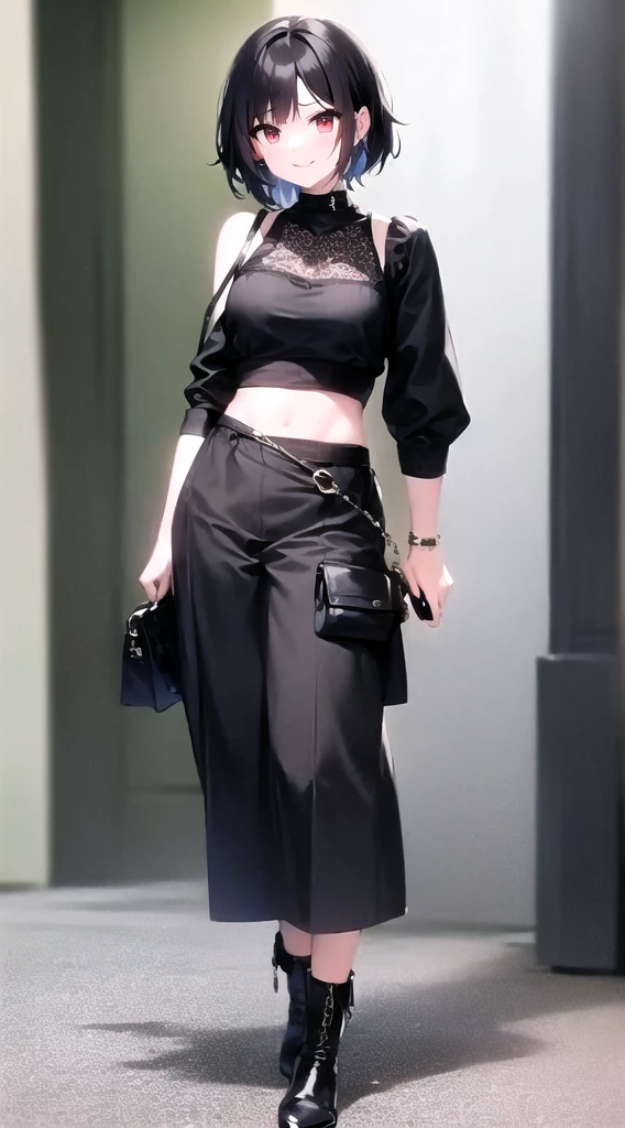 A woman in her fifties walking down the sidewalk with her wallet and handbag, Wearing Louis Vuitton Armor, Waist bag, In Paris, Wearing cargo pants, Subtle details, Wearing a camisole and boots, Childish look, Exaggerated details, Layering, Wearing crop tops, Exposed abdomen, Paris Fashion Week, highly stylized、low length、smile、Small breasts、