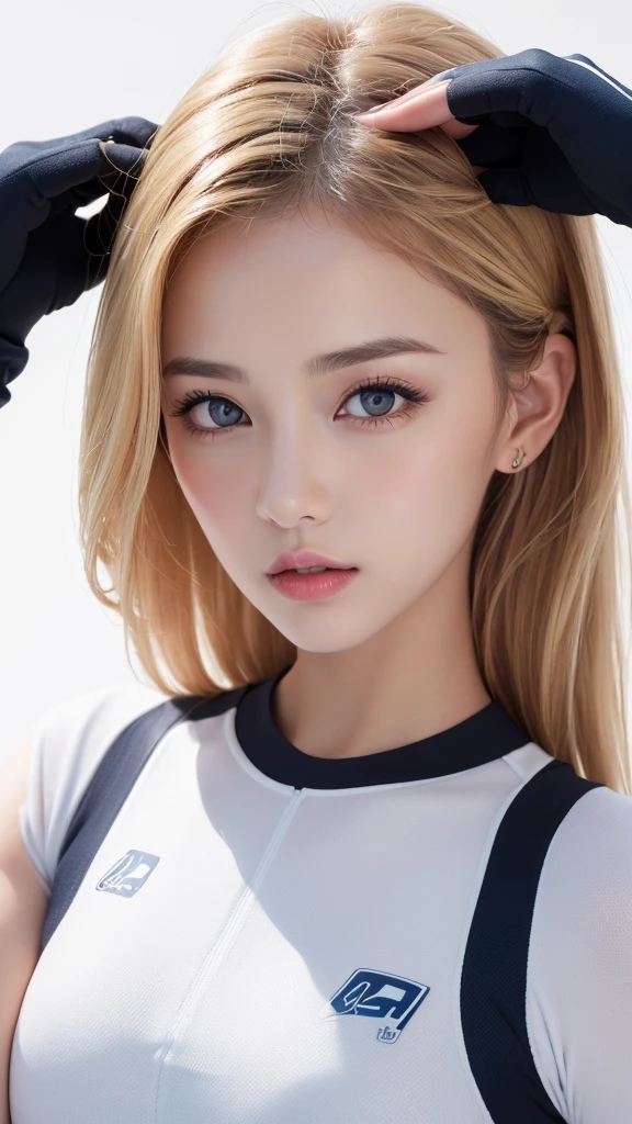 (((forehead、Northern Europe、White、beautiful girl、ホワイトblonde、Blonde、White Background、training wear、cute、young、True Face、Shiny Hair、whole body)))、Tabletop, Highest quality, shape, Very detailed, finely, High resolution, 8k wallpaper, Perfect dynamic composition, finelyて美しい目, Deco Out,blonde, chest, Natural color lip,White Background, random cute poses,