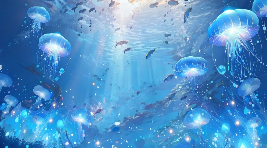 There are many jellyfish and fish floating in the water., Wallpaper Anime Blue Water, bubbly Underwater Scenery, Underwater Scenery, seabed environment, seabed, Magical Ocean, aquatic environment, Underwater alien ocean, Underwater background, Underwater Scene, Underwater sea, 色彩缤纷的Anime Background, Underwater Scenery, Aquatic market, Visual distortion in water, Anime Background