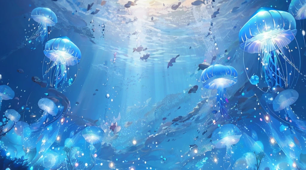 There are many jellyfish and fish floating in the water., Wallpaper Anime Blue Water, bubbly Underwater Scenery, Underwater Scenery, seabed environment, seabed, Magical Ocean, aquatic environment, Underwater alien ocean, Underwater background, Underwater Scene, Underwater sea, 色彩缤纷的Anime Background, Underwater Scenery, Aquatic market, Visual distortion in water, Anime Background