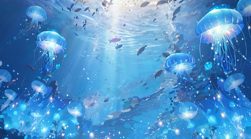 There are many jellyfish and fish floating in the water., Wallpaper Anime Blue Water, bubbly Underwater Scenery, Underwater Scenery, seabed environment, seabed, Magical Ocean, aquatic environment, Underwater alien ocean, Underwater background, Underwater Scene, Underwater sea, 色彩缤纷的Anime Background, Underwater Scenery, Aquatic market, Visual distortion in water, Anime Background