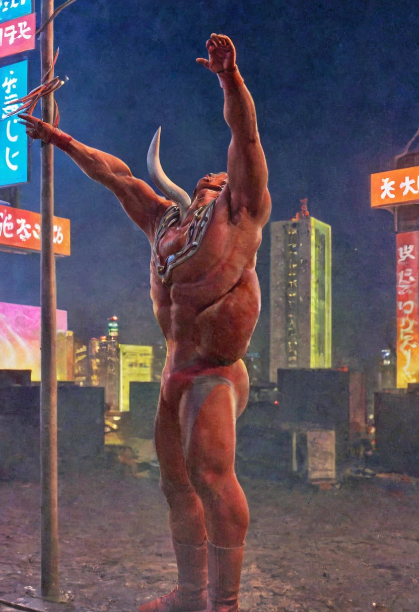 Ultraman Taro、Tokyo cityscape、Midnight、neon、A giant as tall as a building、Fighting Pose、slim、Muscular、Long limbs、Weapon、Gorgeous Body、Incitement、4K、Photorealistic、Portrait、male focus,highres,clear