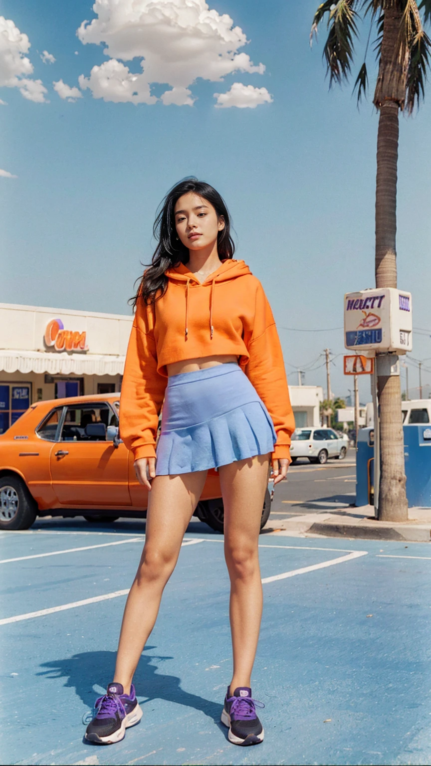 (medium shot portrait) of cute 23 yo girl ,wear ((orange color oversized_hoodie)), wear ((purple tennis skirt)),looking front,Best Quality,Masterpiece,Ultra High Resolution,(Realisticity:1.4),Original Photo, 1Girl, light leak,ultra high resolution,UHD,beautiful, (black straight hair), almond eye, no makeup, in front of ((80's blue color gas station)), (realistic:1.2), (surreal:1.3), (very detailed:1.1), ((masterpiece)),summer, blue sky, palm trees,sunny, los angles vibes,film camera, 800mm lens,