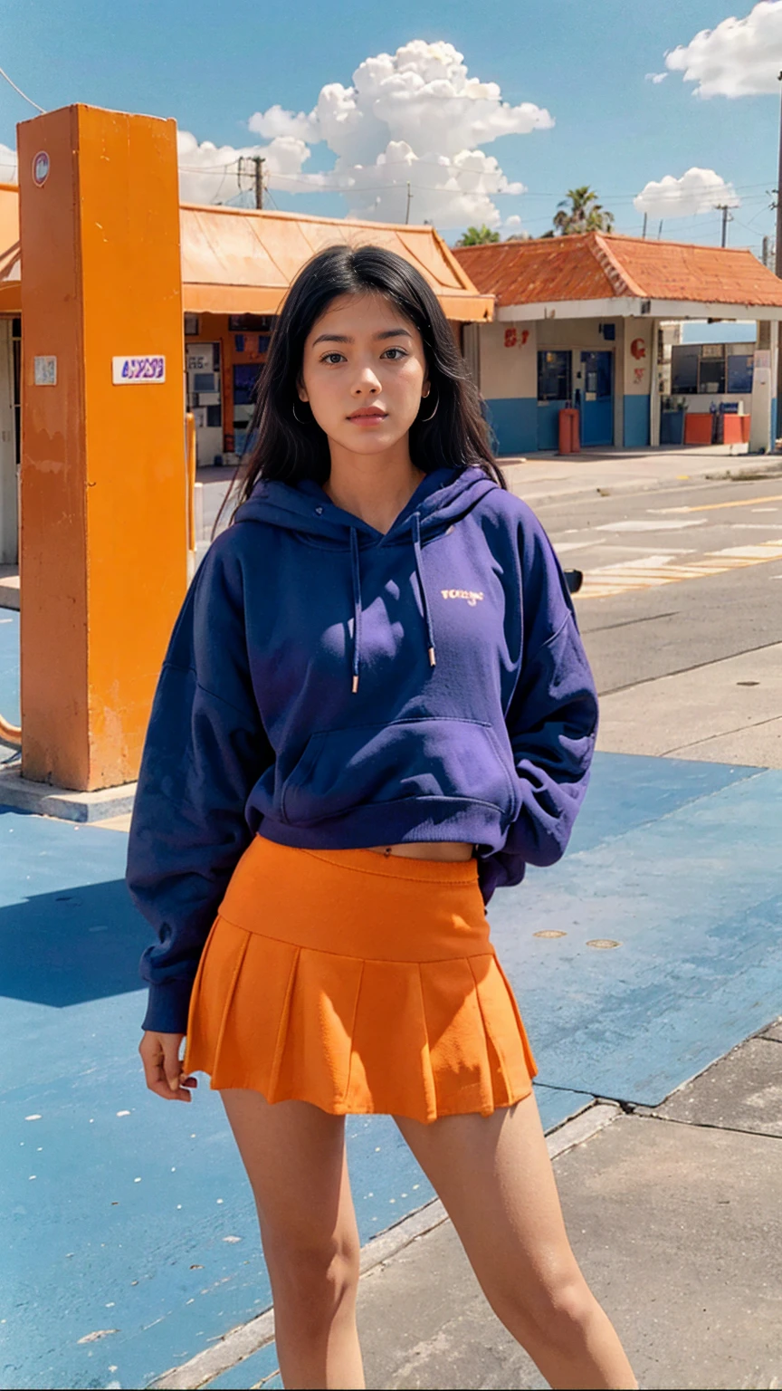 (medium shot portrait) of cute 23 yo girl ,wear ((orange color oversized_hoodie)), wear ((purple tennis skirt)),looking front,Best Quality,Masterpiece,Ultra High Resolution,(Realisticity:1.4),Original Photo, 1Girl, light leak,ultra high resolution,UHD,beautiful, (black straight hair), almond eye, no makeup, in front of ((80's blue color gas station)), (realistic:1.2), (surreal:1.3), (very detailed:1.1), ((masterpiece)),summer, blue sky, palm trees,sunny, los angles vibes,film camera, 800mm lens,