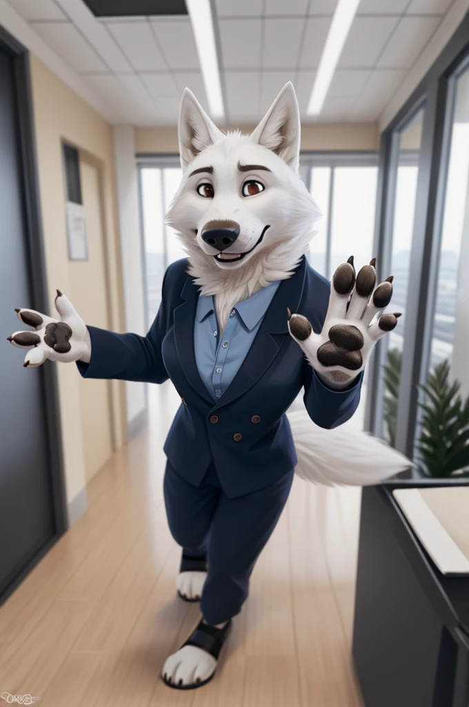 Barbara\(Moscow\), (white body:1.3), White fur, Brown eyes, Moscow, dressed, blazer, shirt,trousers,open toe sandals, canine, wolf, detailed fur, female, breast, second, paw pads, finger claws, waving, waving at viewer, 5 fingers, paws, 4 toes,ring,
BREAK from nextel, for dating, by xenoforge, (difficult, high detail, film photography, soft focus, RAW Сидит,Office,
photorealism, realistic, photorealistic, digital style, Subsurface scattering,
masterpiece, Best quality, ultra realistic, 8 thousand.)