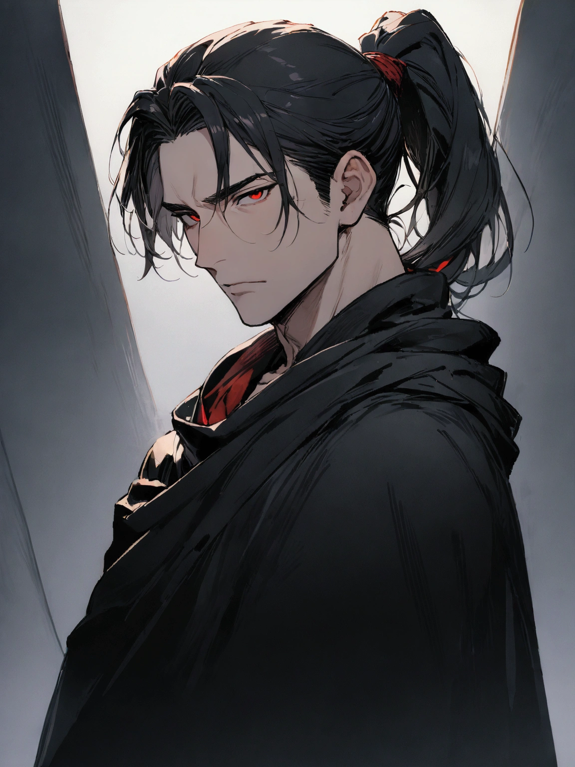 ((masterpiece)), ((best quality)), (from front:1.36), (half-body shot:1.4), 1man, adult male, mature male, perfect jawline, solo, ponytail tied long black hair, red eyes, plain black cloak, looking at viewers