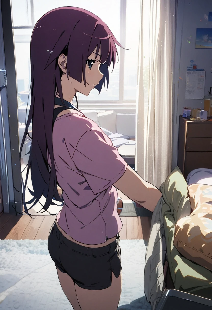 1girl, senjougahara hitagi, monogatari \(series\), shirt,shorts,room,masterpiece, best quality, absurdres,