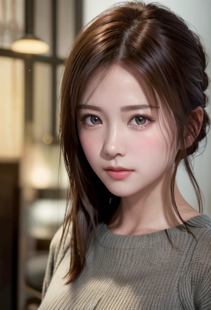 8K, of the highest quality, masutepiece:1.2), (Realistic, Photorealsitic:1.37), of the highest quality, masutepiece, Beautiful young woman, Pensive expression,、A charming、and an inviting look, Oversized knitwear、Hair tied back, Cinematic background, Light skin tone