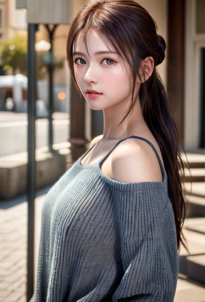 8K, of the highest quality, masutepiece:1.2), (Realistic, Photorealsitic:1.37), of the highest quality, masutepiece, Beautiful young woman, Pensive expression,、A charming、and an inviting look, Oversized knitwear、Hair tied back, Cinematic background, Light skin tone