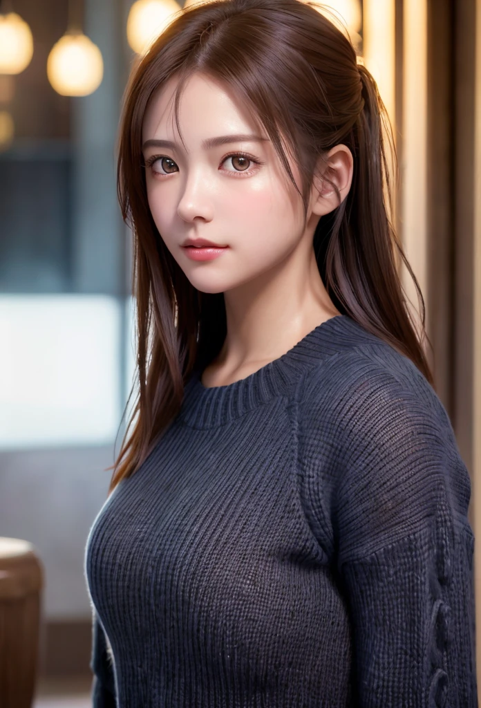 8K, of the highest quality, masutepiece:1.2), (Realistic, Photorealsitic:1.37), of the highest quality, masutepiece, Beautiful young woman, Pensive expression,、A charming、and an inviting look, Oversized knitwear、Hair tied back, Cinematic background, Light skin tone