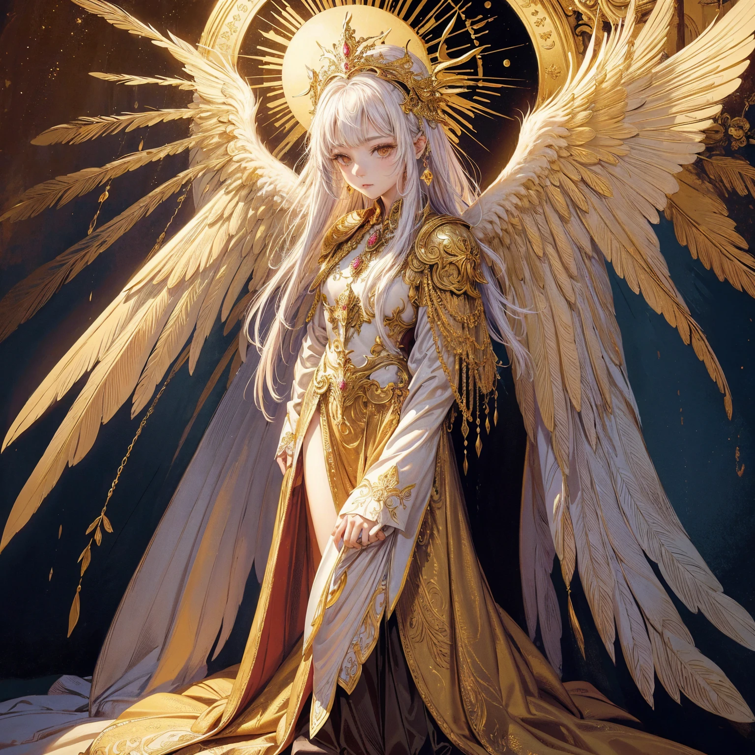 Art of an angelic woman wearing a sun crown and huge wings extending from her back, Wearing a gorgeous breastplate that exposes a small amount of skin above the chest, Wearing a golden floor-length robe, ancient goddess art, Sacredness. Very detailed, Mysterious inspiration, Inspiration from the Sun God, Religious inspiration, Cold and snobbish face, Dangerous expressions, White hair, Standing, Full body portrait, Gothic art style, Weird art style, Occult art