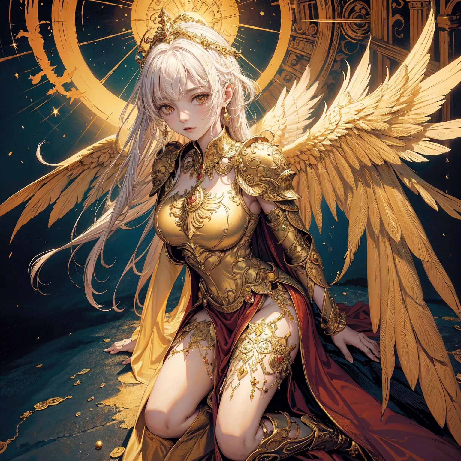Art of an angelic woman wearing a sun crown and huge wings extending from her back, Wearing a gorgeous breastplate that exposes a small amount of skin above the chest, Wearing a golden floor-length robe, ancient goddess art, Sacredness. Very detailed, Mysterious inspiration, Inspiration from the Sun God, Religious inspiration, Cold and snobbish face, Dangerous expressions, White hair, Standing, Full body portrait, Gothic art style, Weird art style, Occult art