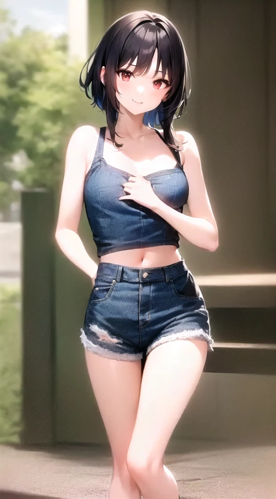 A woman in her 50s wearing a blue dress leaning against a wooden bench, denim short pants, double denim, wearing double denim, denim hot-pants, Blue clothes, Wearing a sexy crop top, Wearing crop topss, Mixed Art, wearing denim, Casual pose, Wearing crop tops, denim, One-piece style, Crop top and shorts, Trendy clothes, Looks realistic、low length、smile、Small breasts、