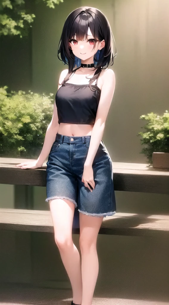 A woman in her 50s wearing a blue dress leaning against a wooden bench, denim short pants, double denim, wearing double denim, denim hot-pants, Blue clothes, Wearing a sexy crop top, Wearing crop topss, Mixed Art, wearing denim, Casual pose, Wearing crop tops, denim, One-piece style, Crop top and shorts, Trendy clothes, Looks realistic、low length、smile、Small breasts、