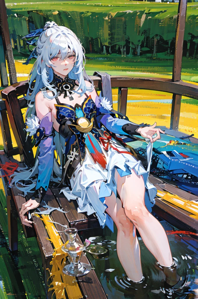 The man lay on the river bank and put his hand into the river,Sunny afternoon,bust,