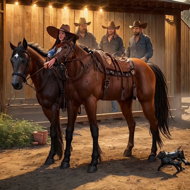 cowboy, grilling barbecue, hat, boots, horses, outdoor, realistic, hyper-realistic, photorealistic,ultra-detailed,(realistic,photorealistic,photo-realistic:1.37),vivid colors,dramatic lighting,