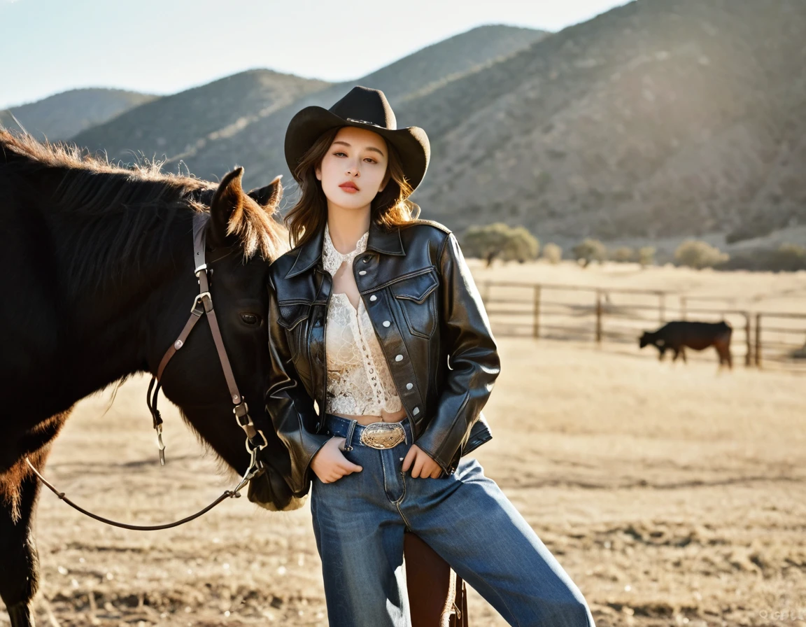 digital portrait, realistic depiction of the human body, RAW photo, one weasten cow girl, gentle gray eyes, plump lips, An ennui look, huge firm bouncing busts, Long brown hair, (((Cowboy hat, Black leather jacket, Lace shirt, Jeans Hot pants, Leather cowboy boots)))、highest quality, super resolution, master piece:1.5, medium depth of field, 50ｍｍlens, cinematic lighting, Backlight, professional photographer, vast ranch, Sunset, sunset, Riding his beloved horse to herd cattle