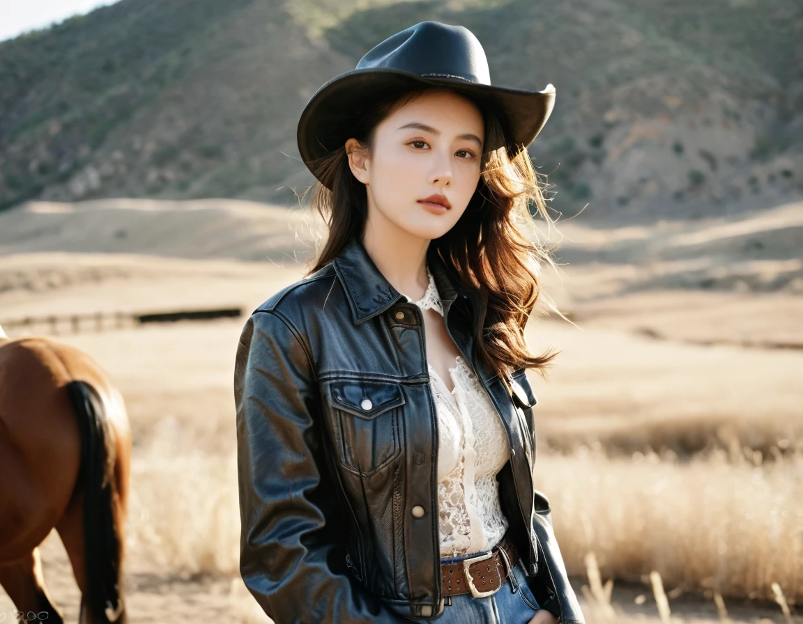 digital portrait, realistic depiction of the human body, RAW photo, one weasten cow girl, gentle gray eyes, plump lips, An ennui look, huge firm bouncing busts, Long brown hair, (((Cowboy hat, Black leather jacket, Lace shirt, Jeans Hot pants, Leather cowboy boots)))、highest quality, super resolution, master piece:1.5, medium depth of field, 50ｍｍlens, cinematic lighting, Backlight, professional photographer, vast ranch, Sunset, sunset, Riding his beloved horse to herd cattle