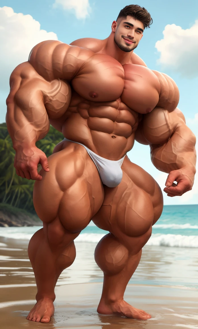 4 meter tall young man with a goatee and long curly haor. 20 years old. Young face. Standing in a beach city. Muscular. Wearing a small black thong. Big ass. Pale white skin. Smooth body and face. Belly seen. Long long legs. barefoot, small smile, big bulge in thong, show abs, wide huge shoulders, very tall. high detail face. show full height, full body view, same hight point of view. show full height from toe to head. Wet body. Huge protruding female  and huge swollen nipples, thick neck, long body, long torso, long legs, fat ass, huge bubble butt, ten pack abs, soft muscles, tropical beach, realistic, body covered in droplets of water, 