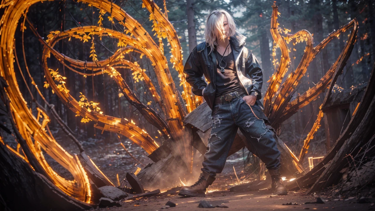 Ji-tae, Yoo Teo., Teen Wolf, 20 years old, short messy white hair, slim muscular build, black eyes, open black shirt, dark blue jeans, black belt, light brown combat boots, silver moon pendant, black misty forest background