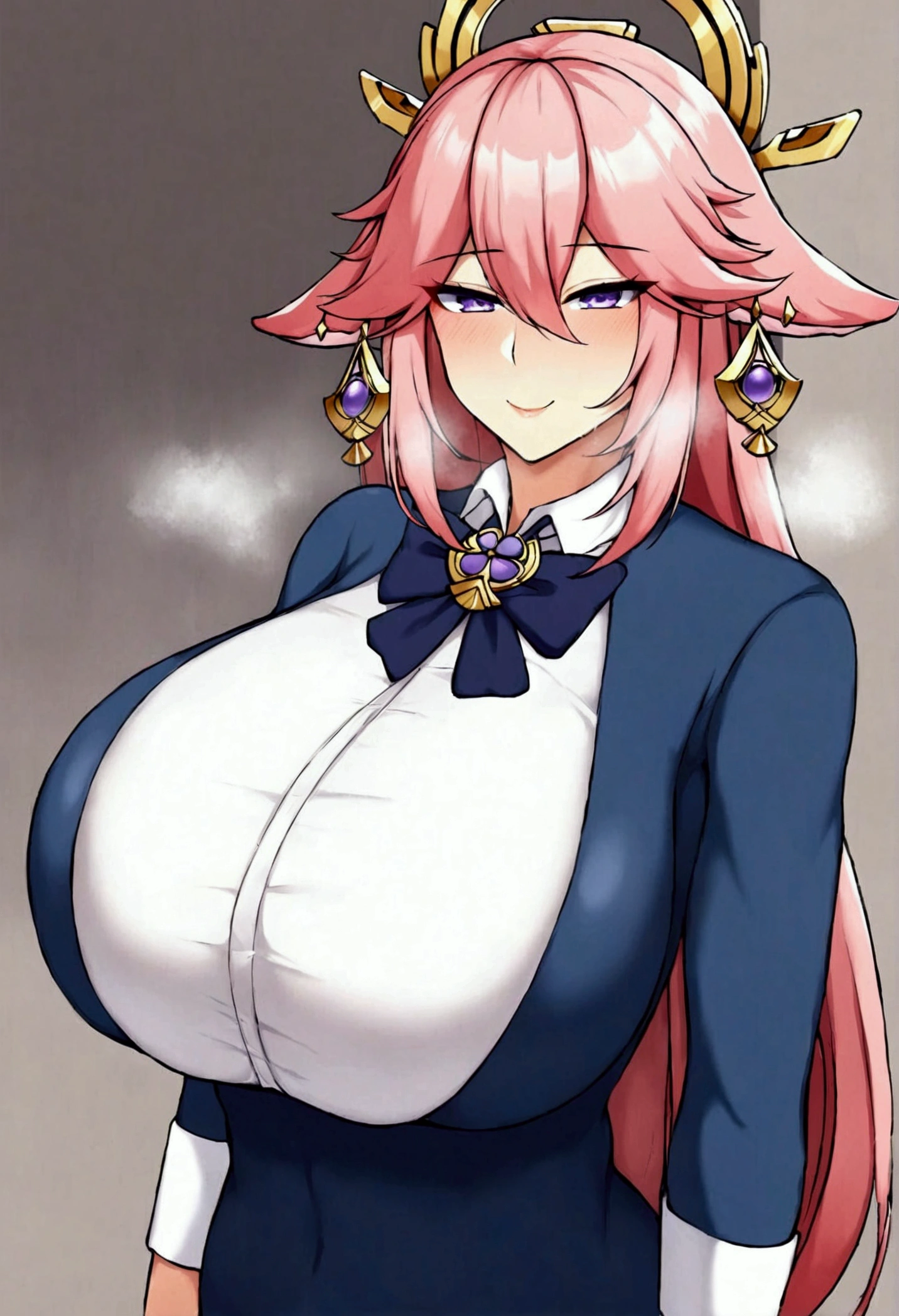 best quality masterpiece extremely detailed highres 1girl yae miko huge breasts mom Bodysuit breath 