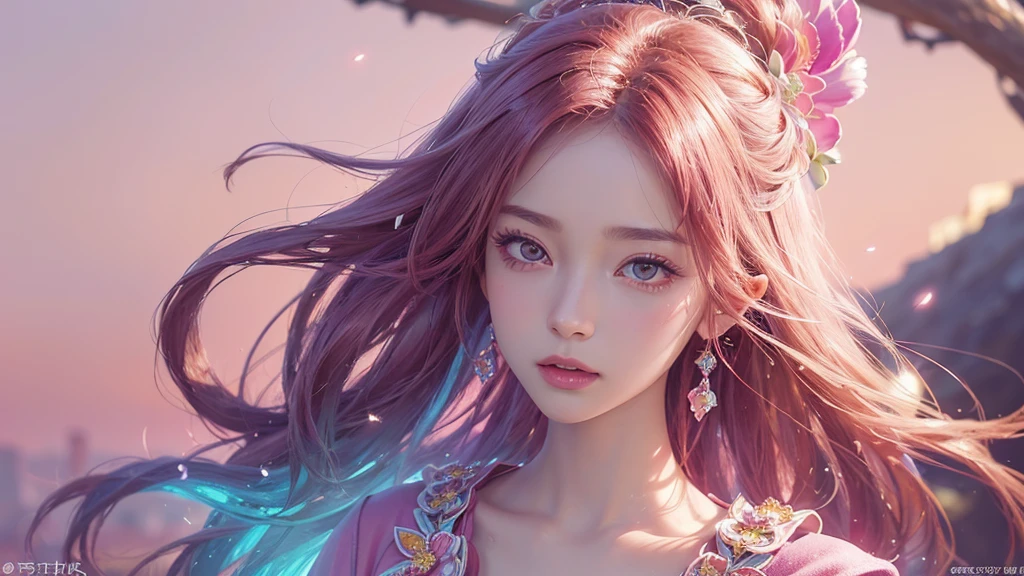 One girl, alone, flower畑, flower, (Official Art, unity 8k wallpaper, Super detailed, beautifully、aesthetic, masterpiece ,Highest quality:1.3), (Dynamic Angle:1.2), (Floating colorful sparkles:1) , elegant, Vibrant colors, Highly detailed face, Detailed eyes, Glowing Skin, Glossy Lips , Pale Red Background,
