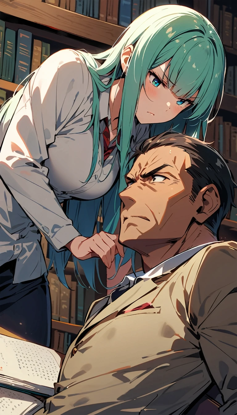 Library: Serious-looking female student(Stroking a man&#39;s penis with her hand) Black hair, uniform, glasses, looking up