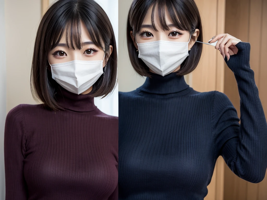 (((masterpiece, best quality,ultra-detailed,8k,high resolution))), (upper body),24 years old ,Japanese girl, 1girl, short hair, (((turtleneck sweater))),(Cover face with a turtleneck:1.5),put hand on turtleneck collar
