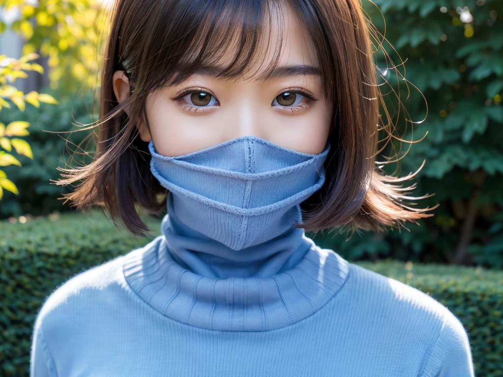 (((masterpiece, best quality,ultra-detailed,8k,high resolution))), (upper body),24 years old ,Japanese girl, 1girl, short hair, (((turtleneck sweater))),(Cover face with a turtleneck:1.5),put hand on turtleneck collar