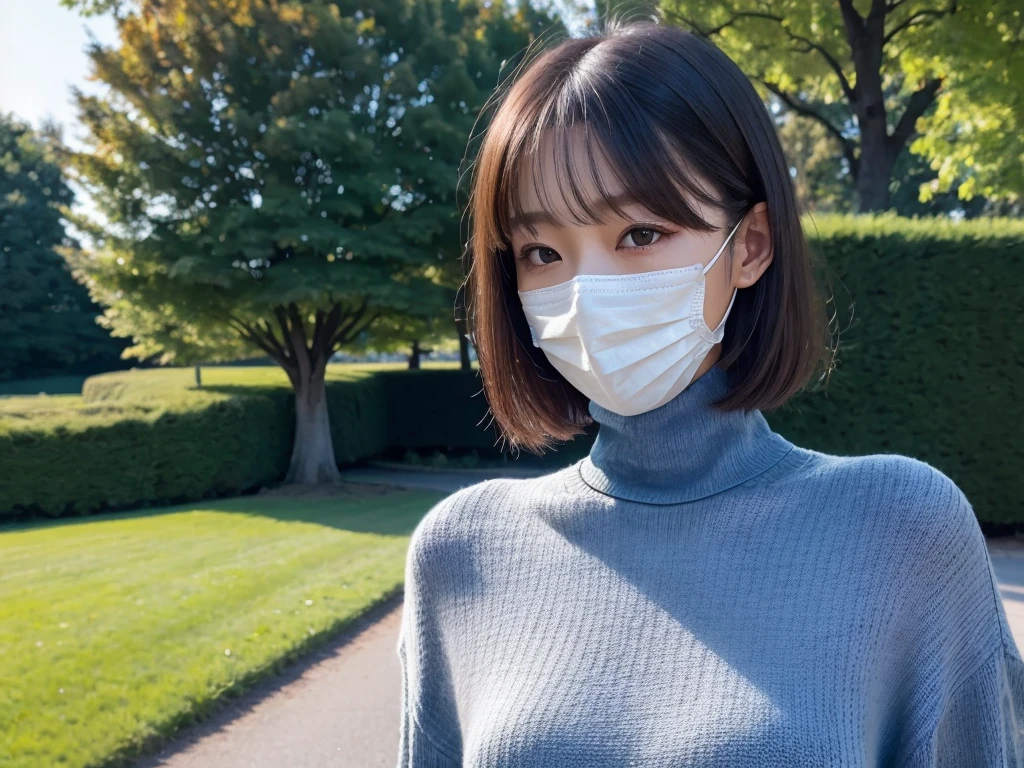 (((masterpiece, best quality,ultra-detailed,8k,high resolution))), (upper body),24 years old ,Japanese girl, 1girl, short hair, (((turtleneck sweater))),(Cover face with a turtleneck:1.5),put hand on turtleneck collar