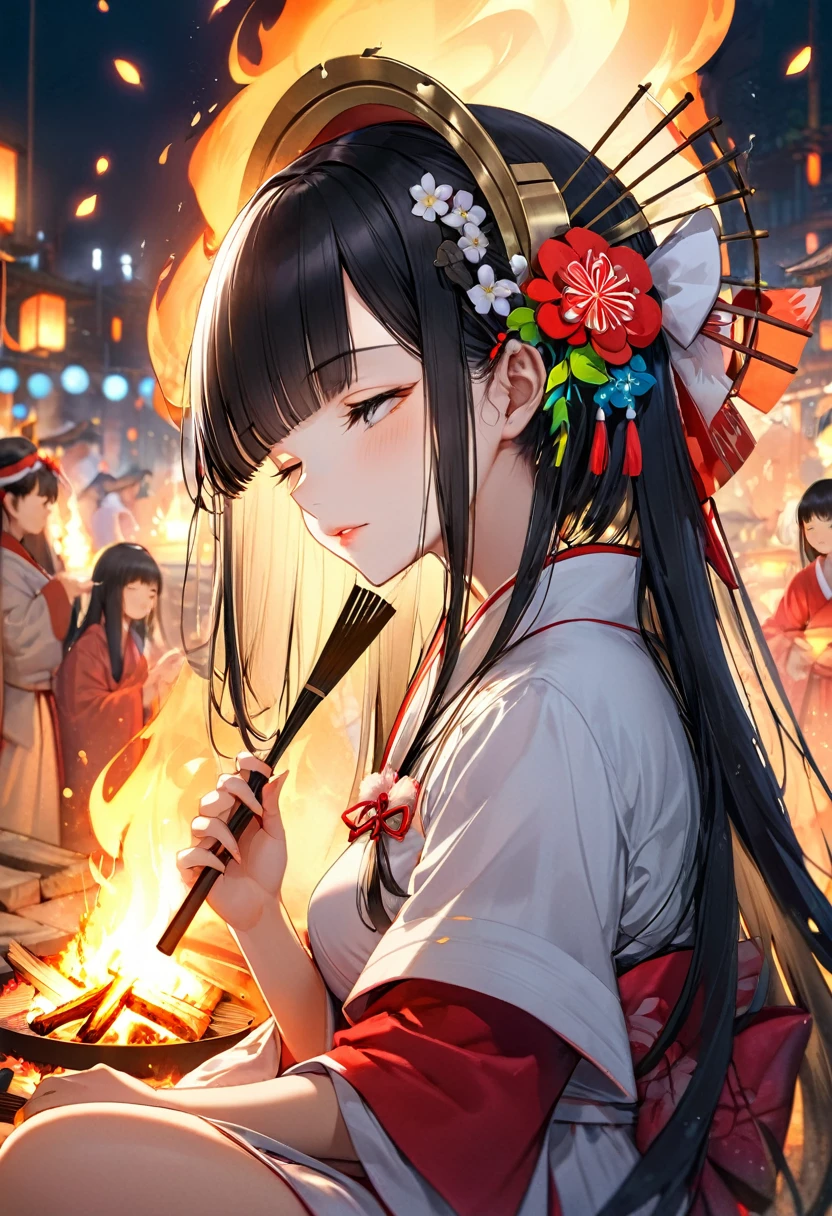 (profile, panoramic, beautiful style), (solo:2, 15 yo), (beautiful blunt bangs:1.3) (beautiful detailed black hair, long hair) (shrine maiden sexy girl, sexy closed eyes, glossy lip), hand holding detailedFolding fan with double exposure:1.3 green), break, in the night fire festival scaffold, BREAK, perfect anatomy, masterpiece, best quality, 16k, beautiful detailed campfire, daydreaming expression.