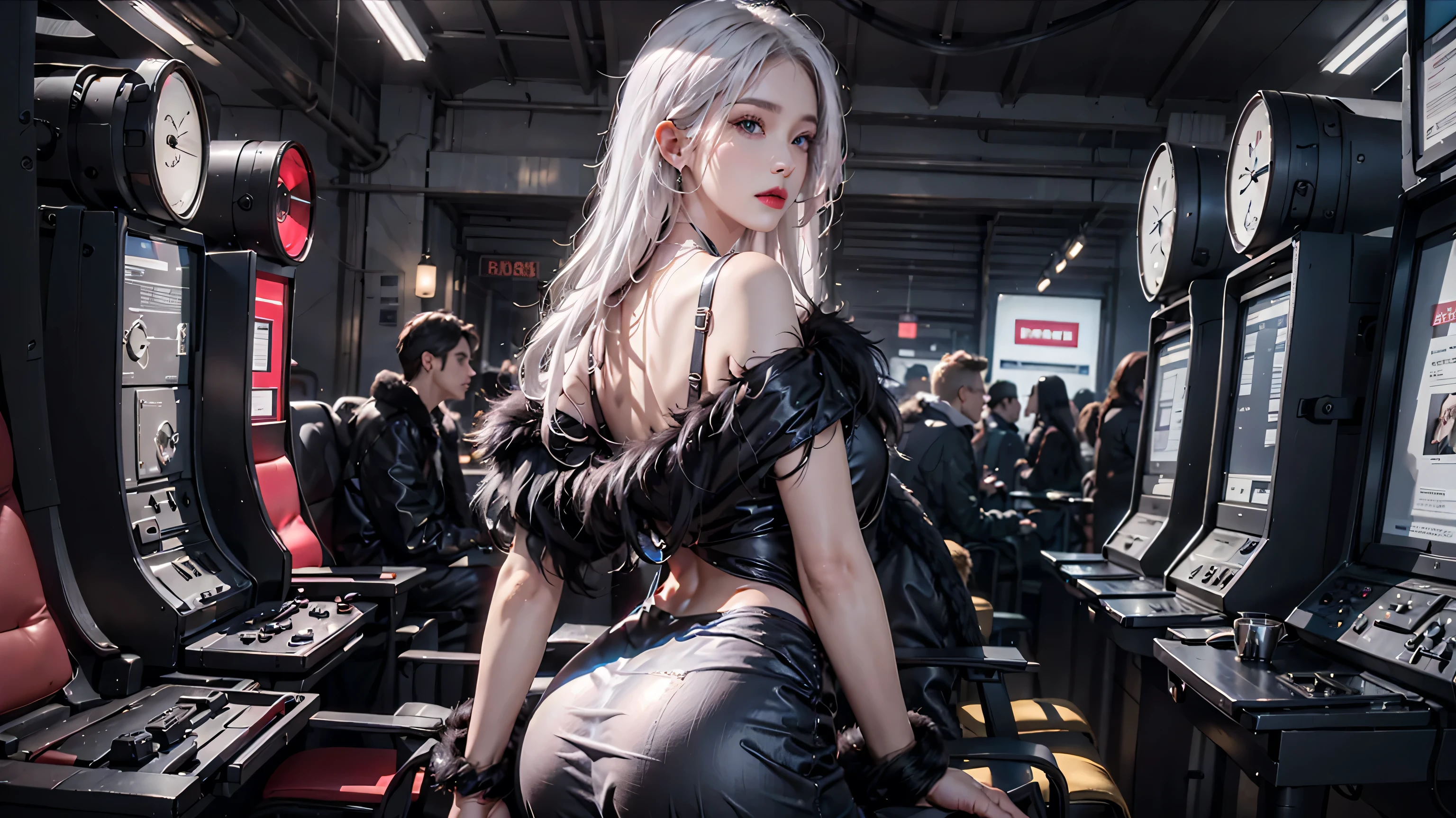 photorealistic, high resolution, 1women, shining skin, solo, jewelry, pink lips, long white hair, blue eyes, closed mouth, hips up, black fur coat, dress