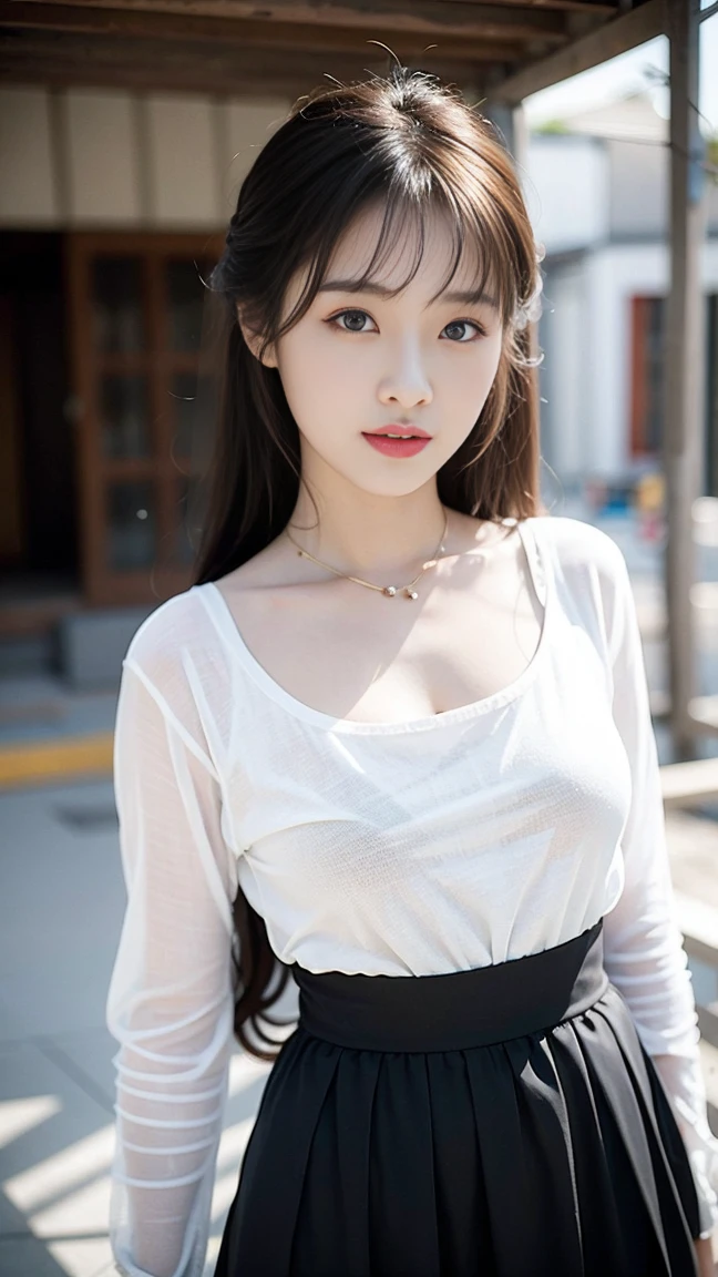 ((8K:1.27)、best quality、Masterpiece、Ultra-high resolution:1.2)Beautiful Japanese women photos(Pleasant:1.1) (Very:1.21) Designed by Gregg Lutkowski and Alphonse Mucha,Refined and elegant、fantasy、detail、geometry、Gradient lighting、1 Girl、Delicate skin、Looking at the audience、Brown eyes、(Long hair with bangs:1.2)、(Large breasts:1.0)、(Medium areola:0.8)、(Realist:1.4)、(best quality:1.0)、(Ultra-high resolution:1.0)、8K、Original Photography、(Masterpiece:0.2)、(Pure face_v1:0.5)、 Very、、Construction Site、shy、Outdoor exposure、Twist the skirt yourself、exhibit、Futomo、Off-limits、Building Construction Site、