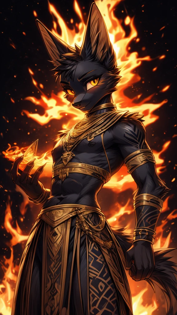 Masterpiece Best quality, the best definition to add aesthetic and lighting details Black girl jackal, egiptian clothes, teen girl, ,black body, ( the best definition in the body, good attributes, stylized body, slanted eyes, sensual look) egipt landscape, golden tattoo body, sensual eyes, yellow pupil, He has 2 kunai in his hands, battle pose, background fire add_detail , bow and arrows about to be shot , tauret godness
