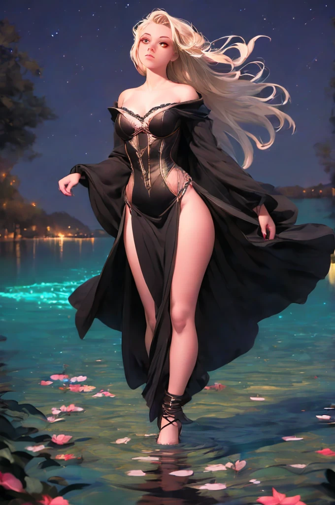 breathtaking  1girl,  standing on shallow water, dark moonless sky background, dress hems floating gently on the surface of the water, glowing body, in dark, neon lamp gemshadow celestial maiden robe , masterpiece, award-winning, professional, highly detailed, 