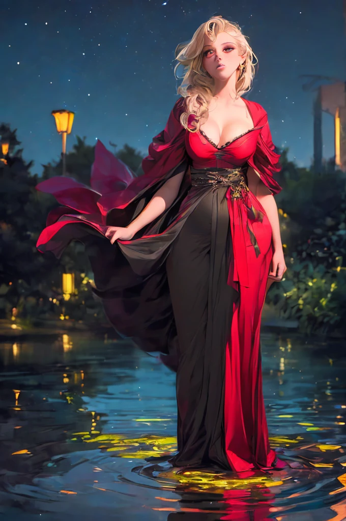 breathtaking  1girl,  standing on shallow water, dark moonless sky background, dress hems floating gently on the surface of the water, glowing body, in dark, neon lamp gemshadow celestial maiden robe , masterpiece, award-winning, professional, highly detailed, 
