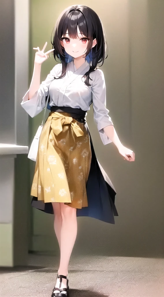A woman wearing a yellow skirt and a white shirt is walking down the street, yellow detail, Layered Skirt, Flowing, Advertising images, Hilarious, Wide skirt, Hakama kimono, Long skirt, dynamic!!, Wearing a long, loose skirt, Wear Hakama, Very beautiful style, Woman in a yellow dress, sakimichan, elegant tropical prints, Dress neatly、low length、smile、Small breasts、