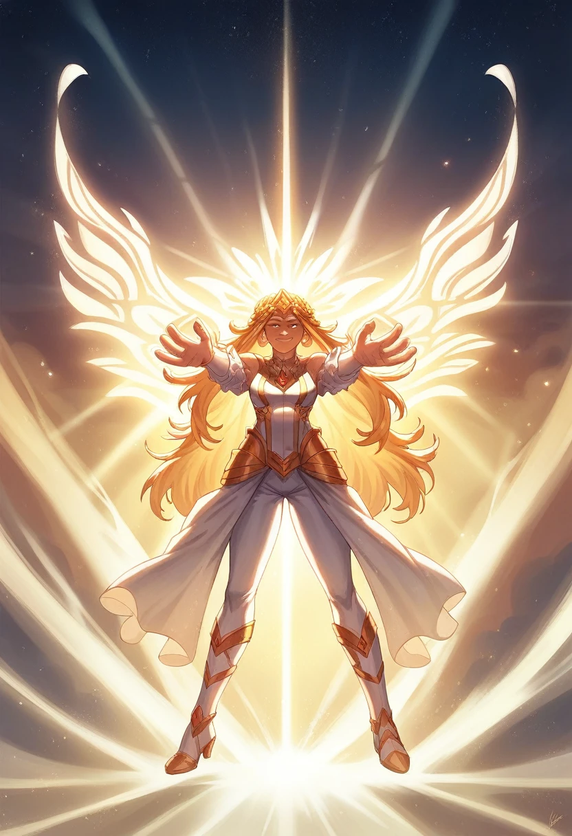 girl, full body, left side of body is split black darkness with glowly fire effect, universe split side, , My Hero Academia art style, (glow, god rays, ethereal, dreamy, heavenly, otherworldly, dream-like, breathtaking, captivating, divine)