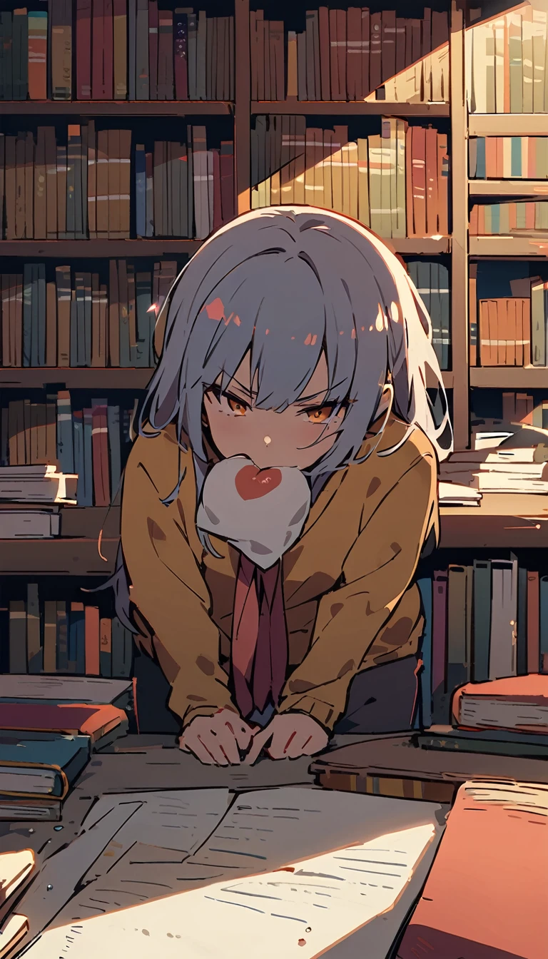 Library, serious , sucking a guy's dick, black hair, uniform, glasses, looking up