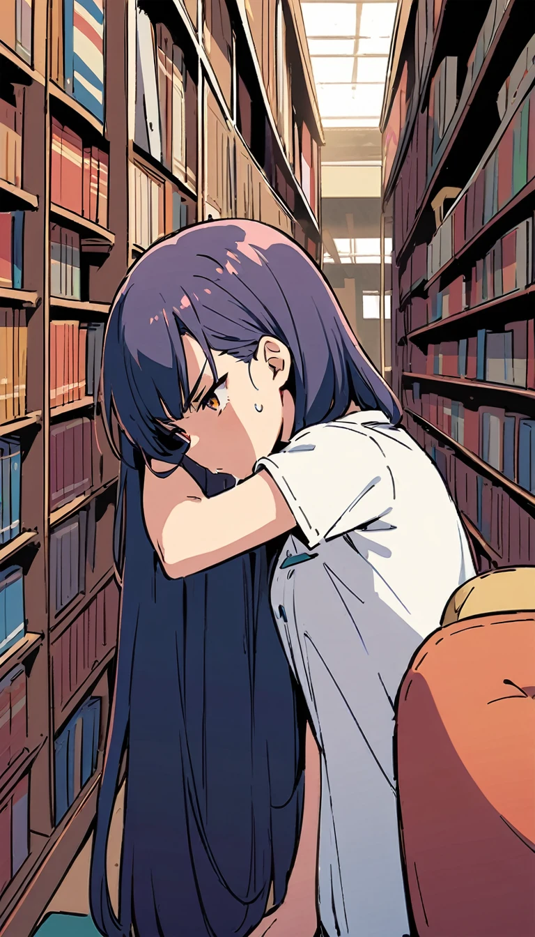 Library, serious , sucking a guy's dick, black hair, uniform, glasses, looking up