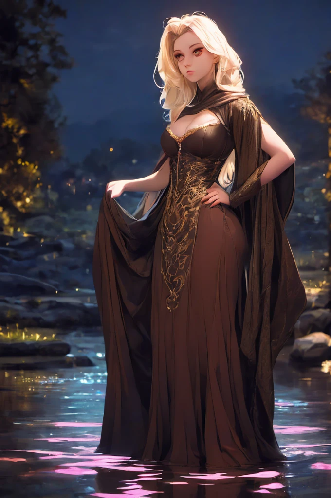 breathtaking  1girl,  standing on shallow water, dark moonless sky background, dress hems floating gently on the surface of the water, glowing body, in dark, neon lamp gemshadow celestial maiden robe , masterpiece, award-winning, professional, highly detailed, 