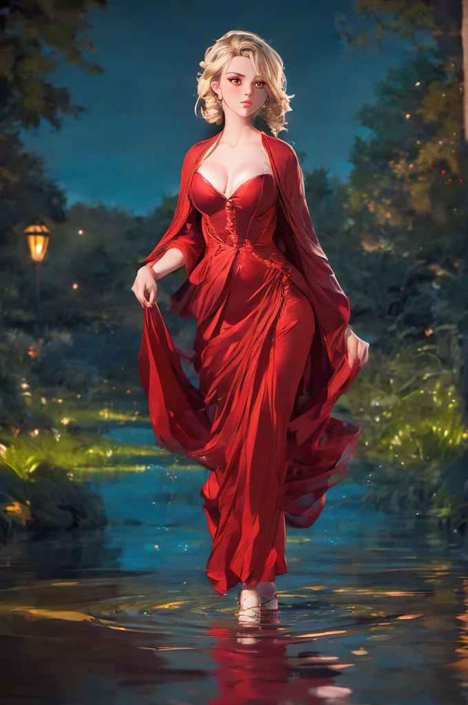 breathtaking  1girl,  standing on shallow water, dark moonless sky background, dress hems floating gently on the surface of the water, glowing body, in dark, neon lamp gemshadow celestial maiden robe , masterpiece, award-winning, professional, highly detailed, 