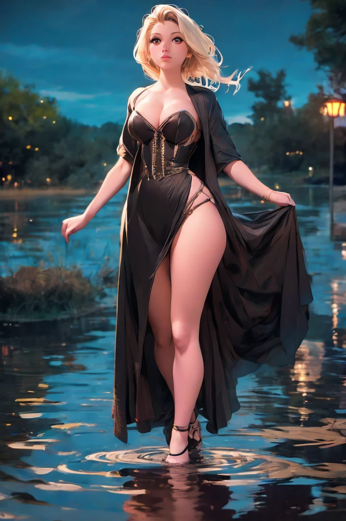 breathtaking  1girl,  standing on shallow water, dark moonless sky background, dress hems floating gently on the surface of the water, glowing body, in dark, neon lamp gemshadow celestial maiden robe , masterpiece, award-winning, professional, highly detailed, 