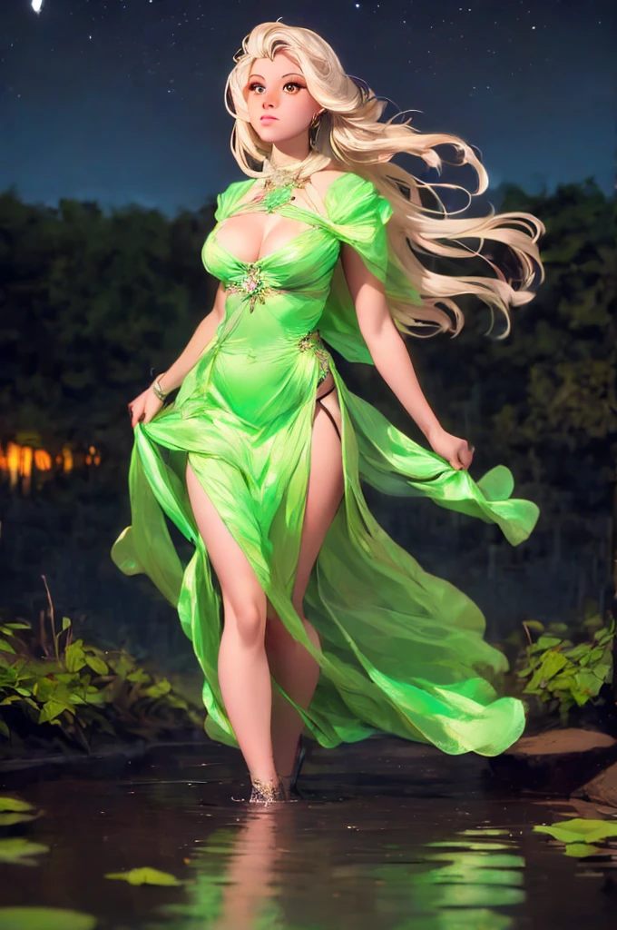 breathtaking  1girl,  standing on shallow water, dark moonless sky background, dress hems floating gently on the surface of the water, glowing body, in dark, neon lamp gemshadow celestial maiden robe , masterpiece, award-winning, professional, highly detailed, 