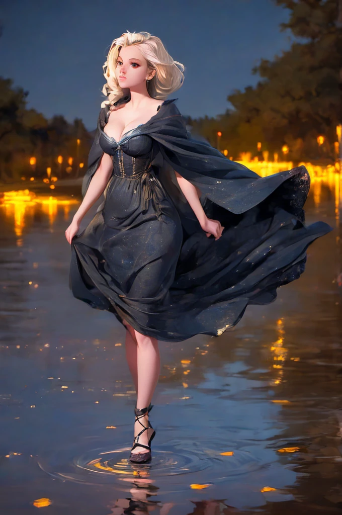 breathtaking  1girl,  standing on shallow water, dark moonless sky background, dress hems floating gently on the surface of the water, glowing body, in dark, neon lamp gemshadow celestial maiden robe , masterpiece, award-winning, professional, highly detailed, 